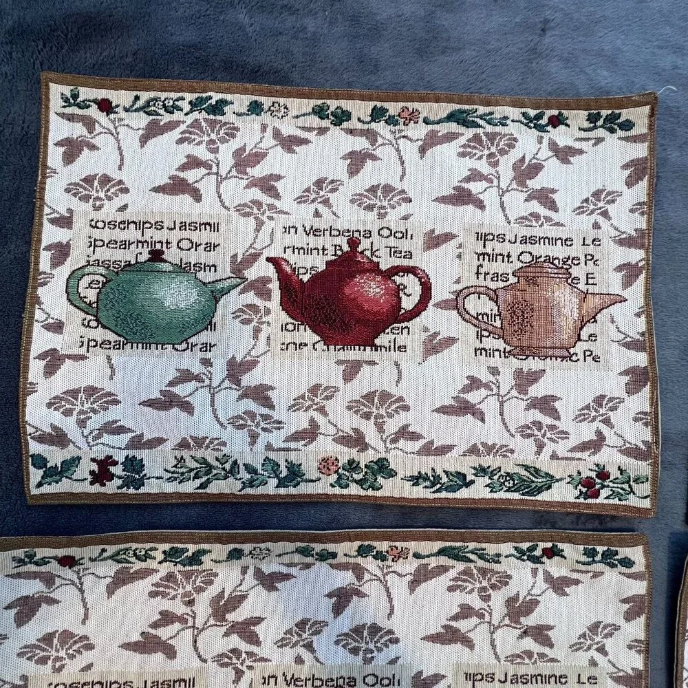 Set Of 4 Vintage Teapot Tapestry Placemats With Herb‎ Motifs Cottagecore